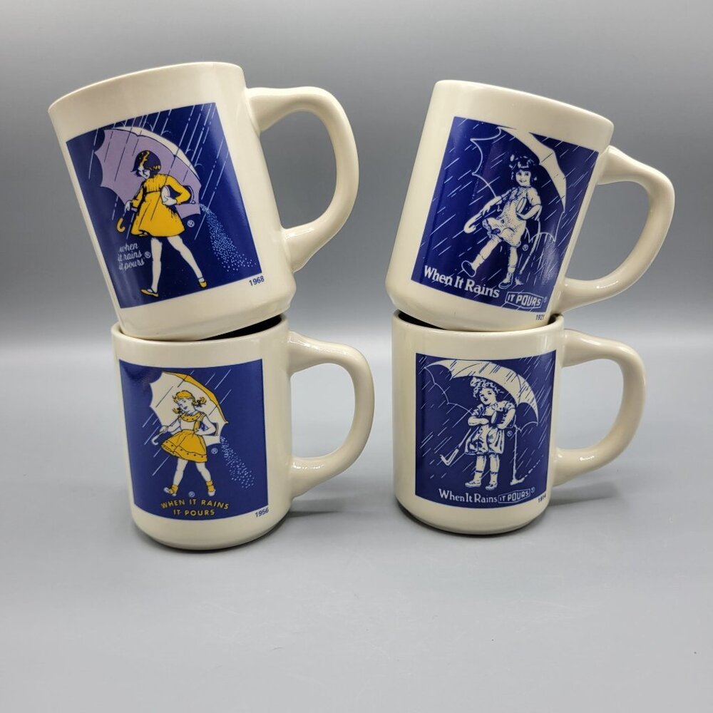 Morton Salt Vintage Mug Set Of 4 Ceramic Coffee Cups 1914 1921 1956 1968 Designs - Picture 2 of 16